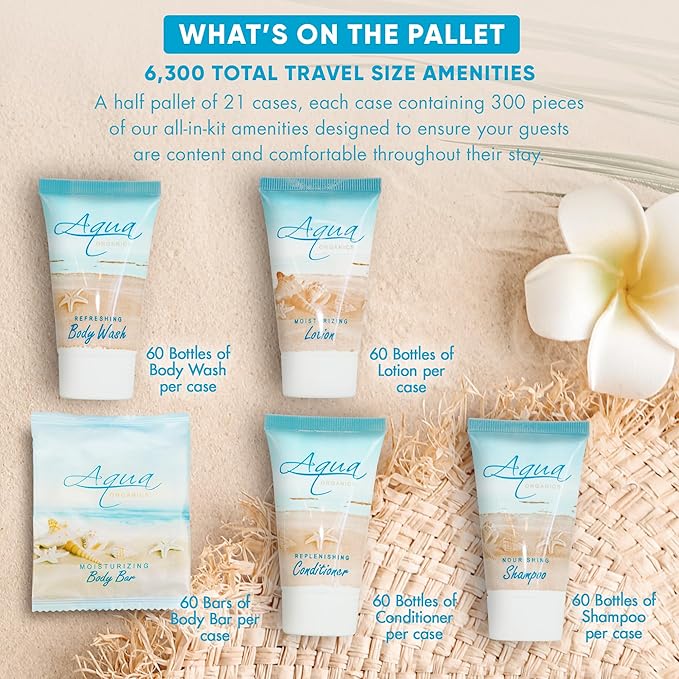 Aqua Organics Hotel Soaps and Toiletries Bulk Set | 1oz Hotel Shampoo & Conditioner, Body Wash, Body Lotion & 1oz Bar Soap Travel Size | Half Pallet 21 cases with 300 units each - 6,300 pieces-VivaGrace Women
