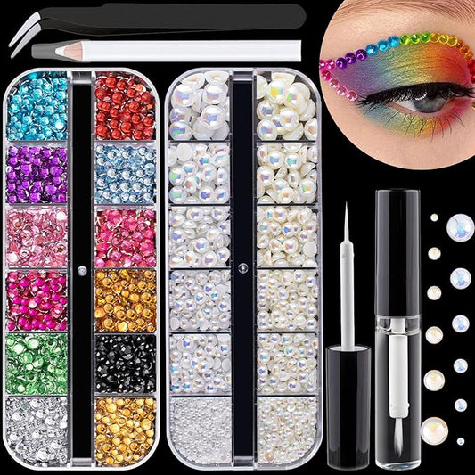 Flat Back Rhinestone+Half Round Pearl Kits Colorful Rhinestones+White AB&Beige AB Pearls With Quick Dry Makeup Glue+Picker Pencil+Tweezer For Nail Art And Face Make-up-VivaGrace Women