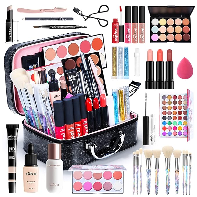 All in One Makeup Bundle with Makeup and Reusable Waterproof Case, Ultimate Color Combination Eye Shadow Palette, Photo Finish Foundation, Lipstick Set, Multi-Use Concealer etc, Makeup Gift Set-VivaGrace Women
