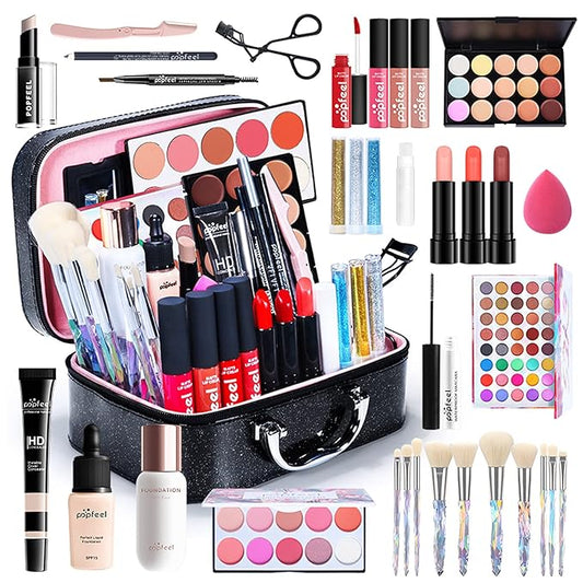 All in One Makeup Bundle with Makeup and Reusable Waterproof Case, Ultimate Color Combination Eye Shadow Palette, Photo Finish Foundation, Lipstick Set, Multi-Use Concealer etc, Makeup Gift Set-VivaGrace Women