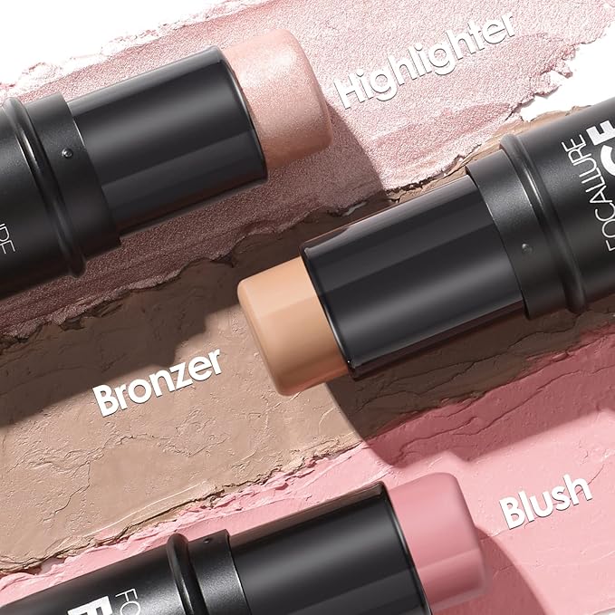 FOCALLURE 3 Pcs Cream Contour Sticks,Shades with Highlighter & Bronzer & Blush,Non-greasy Long-wear Face Contouring Pen,Easy to Sculpt the Face and Create a Lightweight Finishing Makeup,FAIR-VivaGrace Women