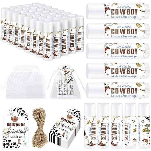 Demissle 50 Pcs Baby Shower Lip Balm Gift Set with 100 Pcs Organza Bags Baby Shower Party Favor for Guest Thank You Tag Rope Baby Shower Party Decoration Gender Reveal Souvenirs (Cowboy)-VivaGrace Women