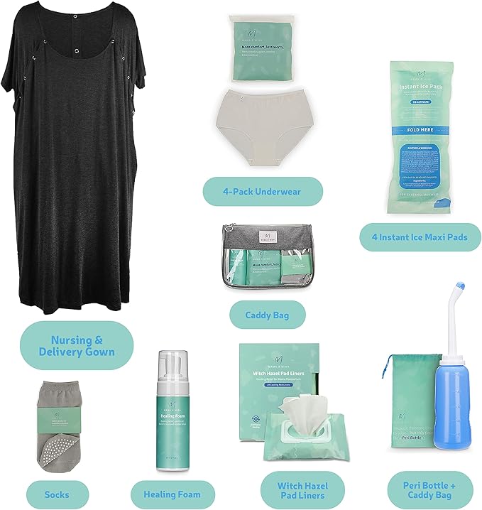 Postpartum Care Kit for Mom (14-Piece) - Includes Labor and Delivery Gown, Peri Bottle, Witch Hazel Foam, Pad Liners & More! with Hospital Essentials for Women After Birth-VivaGrace Women