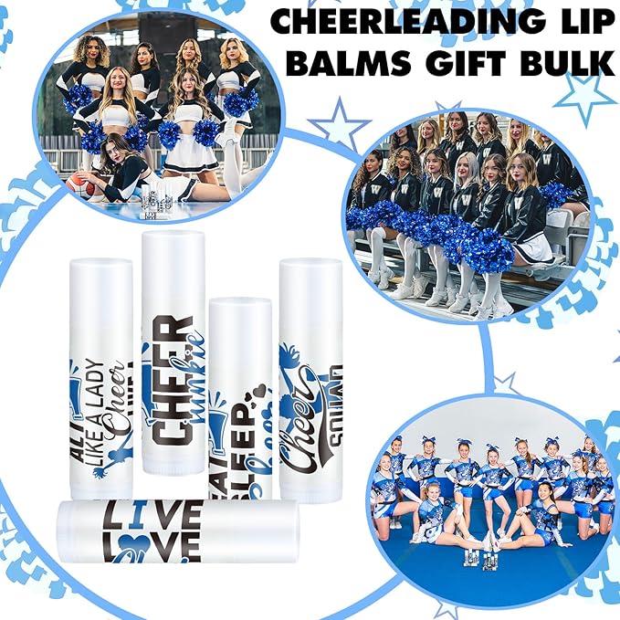 50 Sets Cheer Gifts Bulk 50 Cheer Lip Balm Bulk Moisturizing with 50 Organza Drawstring Gift Bags 50 Tags Cheerleader Gifts Cheer Gifts Bulk for Team (Blue)-VivaGrace Women