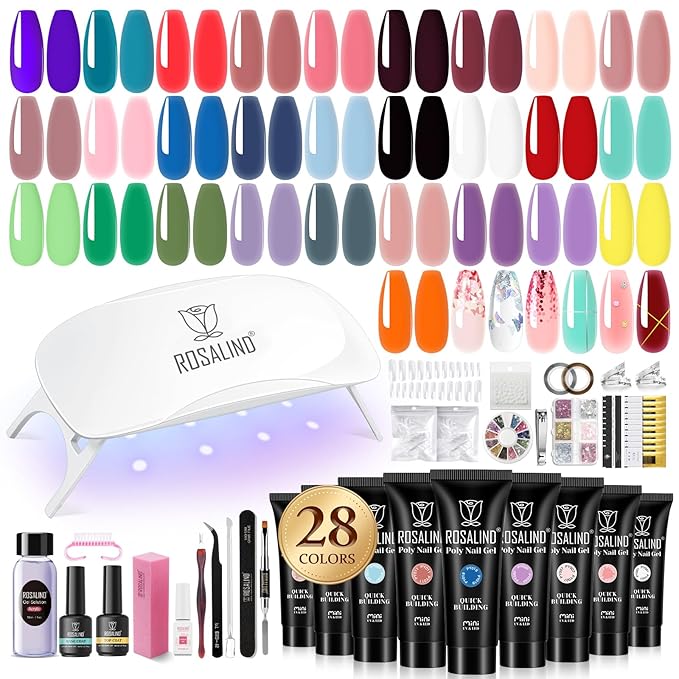 ROSALIND 28 Colors Poly Nail Gel Kit With Mini Lamp - Clear Neon Starter Kit for Beginners, Halloween, Spring, Summer With Everything-VivaGrace Women