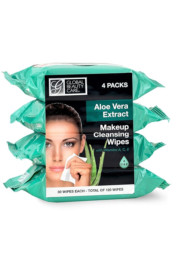 Global Beauty Care Aloe Vera Makeup Remover, Disposable Facial Towelettes, Ultra Soft, For All Skin Types, Moisturizing, Refreshing & Skin Soothing Formula, Convenient, 120Ct. 4 Packs of 30 Wipes