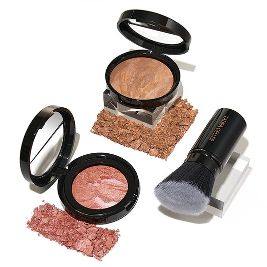 Blush-n-Glow Kit (3 PC): LAURA GELLER NEW YORK Baked Balance-N-Glow Illuminating CC Powder Foundation Sand, Retractable Kabuki Brush, Baked Blush-N-Brighten Pink Grapefruit-VivaGrace Women