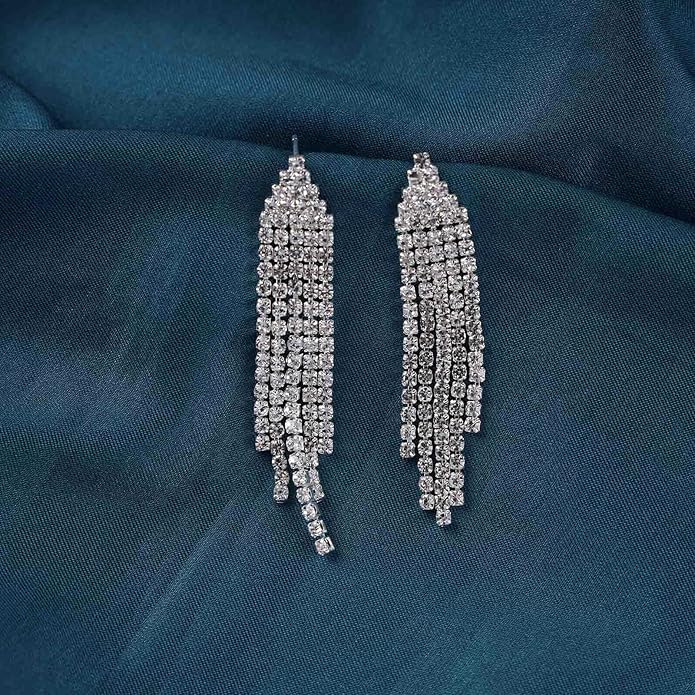 Vintage Rhinestone Chandelier Tassel Earrings Crystal Chain Drop Earrings Gold Long Tennis Chain Earrings Shine Chandelier Bridal Earrings Jewelry for Women-VivaGrace Women
