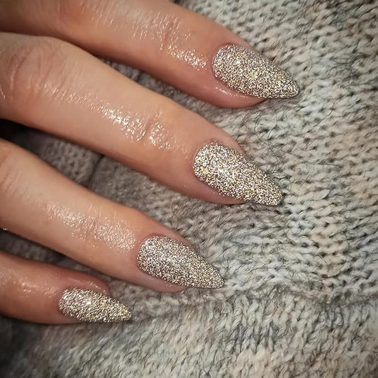 KQueenest Light Gold Press on Nails Cute, Glitter Press on Nails Almond Medium, Bling Sparkle Fake Nails Press ons, Luxury Shiny Glue on Nails Medium, Festival Stick on Nails For Women Wear in 24 Pcs