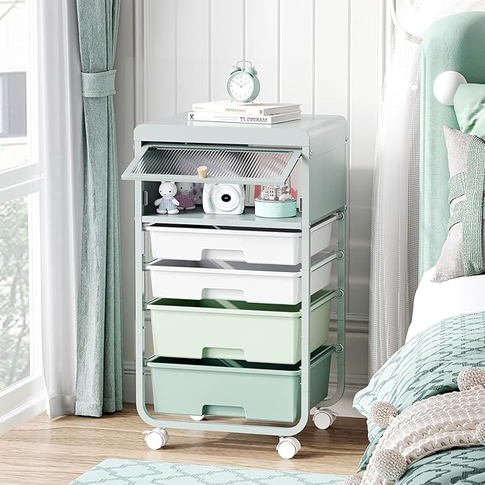 Utility-Rolling-Storage-Drawer-Craft-Cart-Organizers with 4 Drawers & Dust-proof Door for Kid Craft Art Room,Bedroom,Home Office, 4 Tiers Drawer cart, Green-VivaGrace Women