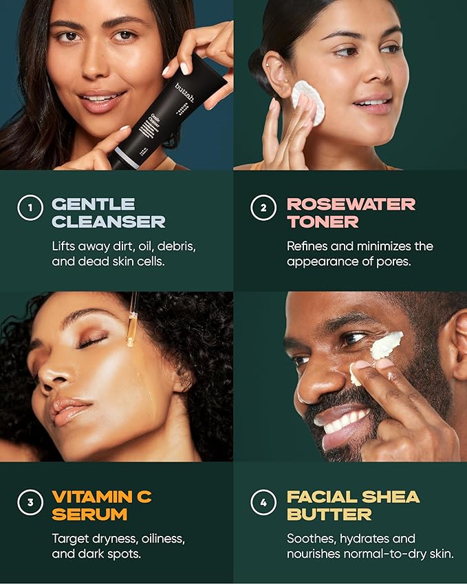 Buttah Skin Supreme Kit for Melanin Rich Skin | Facial Shea Butter 2 oz | Vitamin C Serum 1 oz | Cleanser 3.4 oz | Rosewater Toner 3.4 oz | Black Owned Skincare-VivaGrace Women