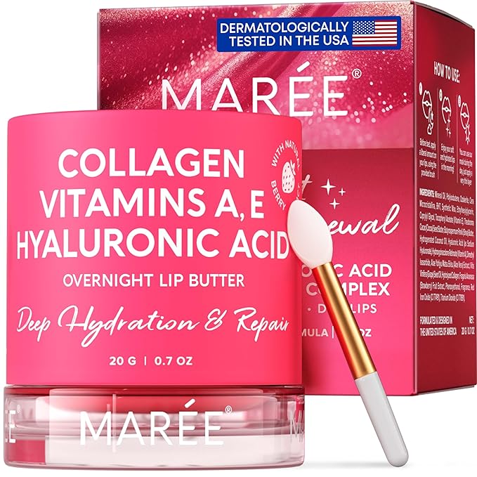 MAREE Lip Mask with Hyaluronic Acid & Coconut Oil - Overnight Collagen Lip Butter to Nourish & Hydrate Dry Cracked Lips - Moisturizer for Skin Care with Shea & Cocoa Butter - Sleeping Lip Butter Balm-VivaGrace Women
