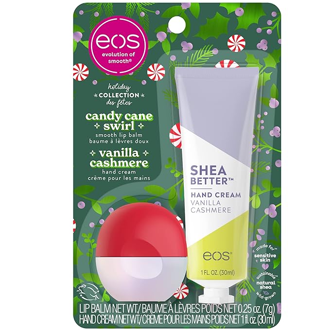 EOS Limited Edition Holiday Collection- Candy Cane Swirl Lip Balm & Vanilla Cashmere Hand Cream, 24-Hour Hydration, 2-Pack, Clear-VivaGrace Women