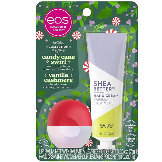 EOS Limited Edition Holiday Collection- Candy Cane Swirl Lip Balm & Vanilla Cashmere Hand Cream, 24-Hour Hydration, 2-Pack, Clear-VivaGrace Women
