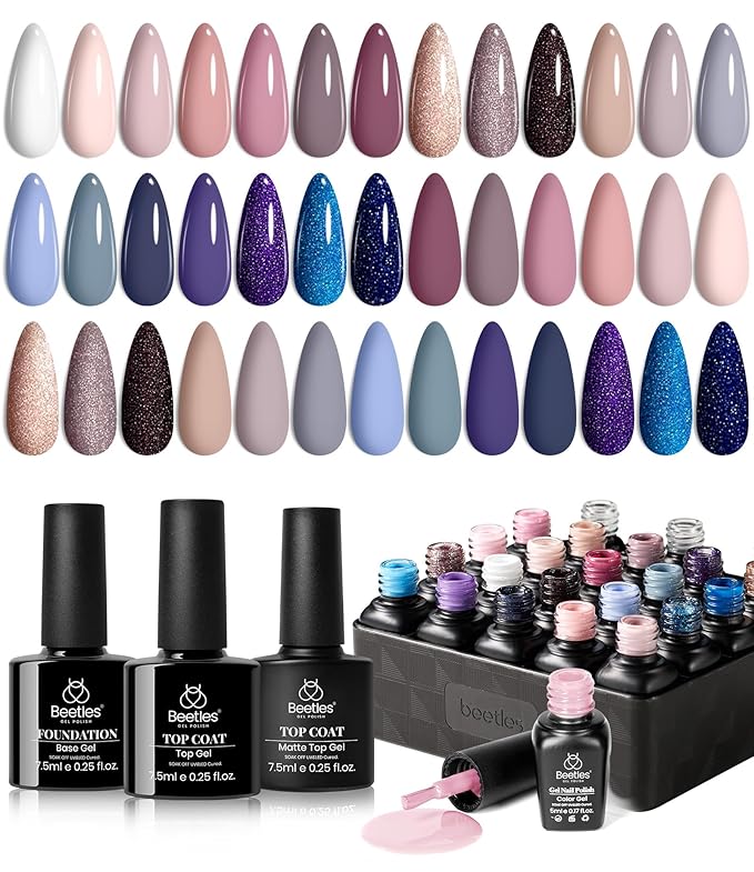 Beetles Gel Nail Polish Kit, 23Pcs Nude Pink Gel Polish White Gray Baby Blue Glitters Nail Polish Set with Glossy Matte Top Coat and Base Coat Fall Winter U V Soak Off Manicure Gift For Women-VivaGrace Women