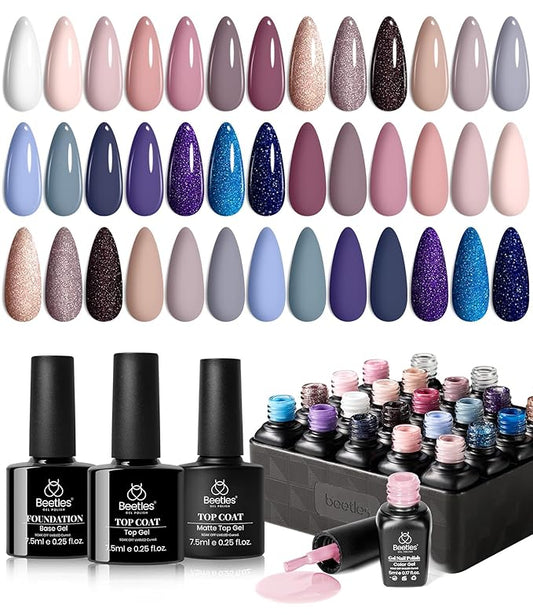 Beetles Gel Nail Polish Kit, 23Pcs Nude Pink Gel Polish White Gray Baby Blue Glitters Nail Polish Set with Glossy Matte Top Coat and Base Coat Fall Winter U V Soak Off Manicure Gift For Women-VivaGrace Women