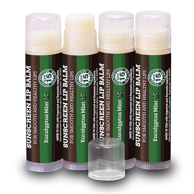 SPF Lip Balm 4-Pack by Earth's Daughter - Lip Sunscreen, SPF 15, Organic Ingredients, Eucalyptus Mint Flavor, Beeswax, Coconut Oil, Vitamin E - Hypoallergenic, Paraben Free, Gluten Free-VivaGrace Women