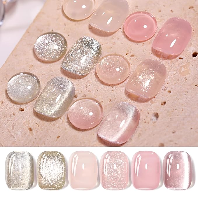 Born Pretty Gel Nail Polish Nude Pink Series,Jelly Transparent,Cat Magnetic Eye,Shimmer Glitter Holographic Nude Pink Gel Polish Kit for Salon Manicure and Nail Art DIY at Home 6Colors-VivaGrace Women