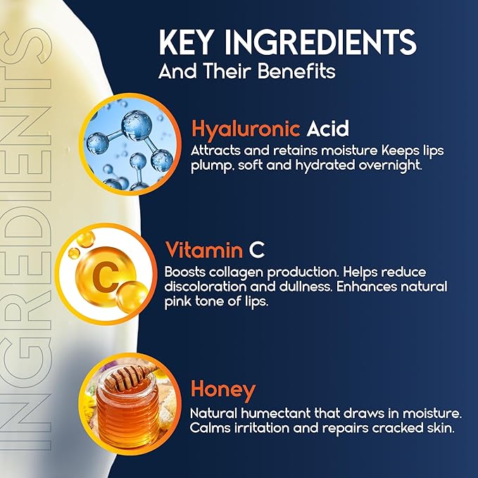 Lip Mask Overnight with Hyaluronic Acid & Collagen, Lip Sleeping Mask for Dry Cracked Lips, Moisturizing, Hydrating, Exfoliating Night Treatment for Lip Care (Peach) (0.7, Honey)-VivaGrace Women