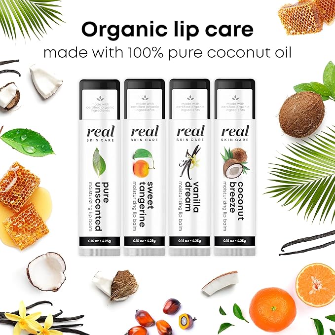 Organic Lip Balm With Coconut Oil | Handmade In the USA | Pure Unscented 4-Pack | Natural Lip Balm | Coconut Oil Lip Balm for Dry & Cracked Lips | Beeswax Lip Balm | 4 Lip Balm Pack-VivaGrace Women