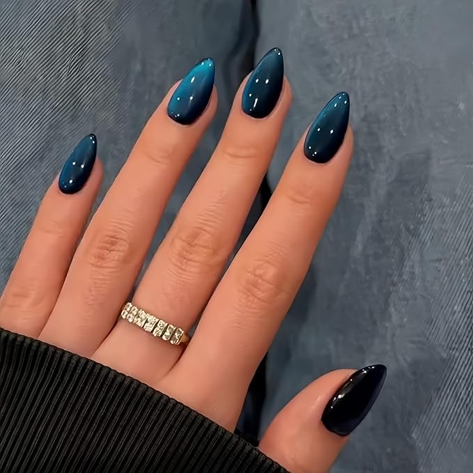 KQueenest Cat Eye Press on Nails Almond Shape, Glitter Dark Blue Fake Nails Medium Short, Sparkly Nails Press on, Shiny Acrylic Nails, Cute Bling Black Glue on Nails Stick on Nails for Women, 30 Pcs