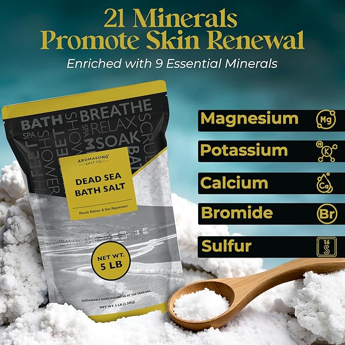 Aromasong Dead Sea Bath Salt - 100% Pure & Natural Dead Sea Salts for Soaking Fine Grain 5 LB - Bulk Resealable Pack (Packaging May Vary) Used for Body wash Scrub - Soak for Women & Men.-VivaGrace Women
