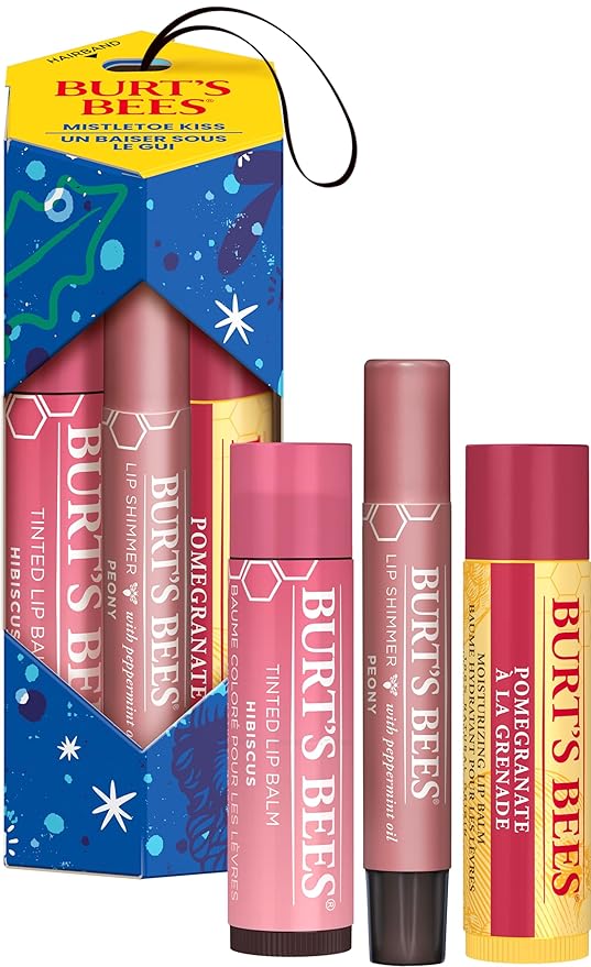 Burt's Bees Mistletoe Kiss Pink, Pomegrante, Peony, Hibiscus Lip Balm and Shimmer Holiday Collection Gift Set of 3-1 Count-VivaGrace Women