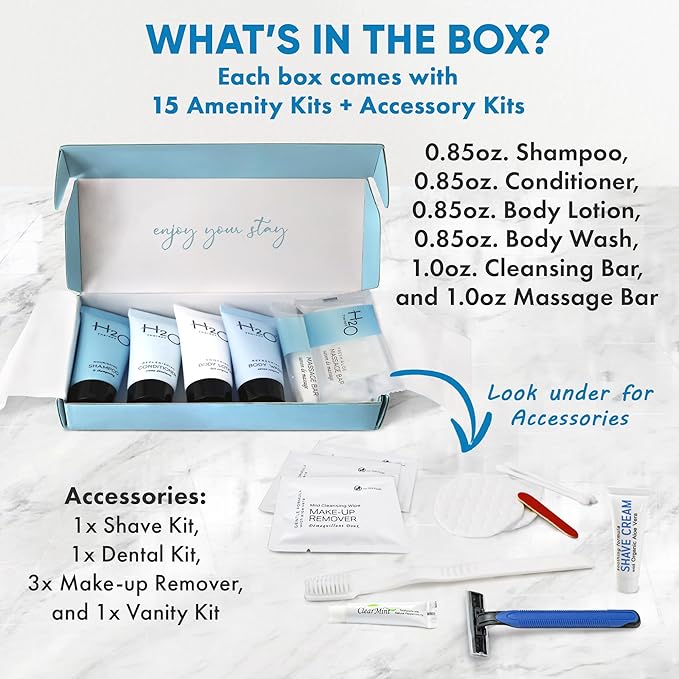 H2O Therapy Amenity & Accessory Kit | 0.85 oz Travel Size Shampoo, Conditioner, Lotion, Body Wash, Massage Bar, Cleansing Bar, Shave & Dental Sets, Make-Up Remover Wipes, & Vanity Kit | 15 sets/case-VivaGrace Women