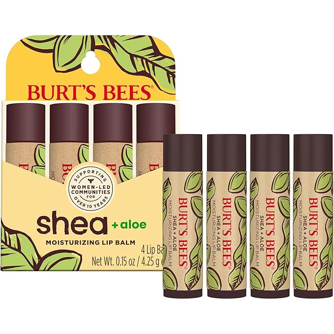 Burt's Bees Lip Balm Mothers Day Gifts for Mom - Shea and Aloe Lip Moisturizer With Responsibly Sourced Beeswax, Tint-Free, Natural Origin Conditioning Lip Treatment, 4 Tubes, 0.15 oz.-VivaGrace Women