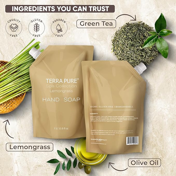 Terra Pure Spa Collection 1 Liter Hand Wash Refill Bag For Soap Dispensers | Bulk Toiletries for Vacation Rentals, and Home Bathroom Showers | Green Tea Lemongrass | Single-VivaGrace Women
