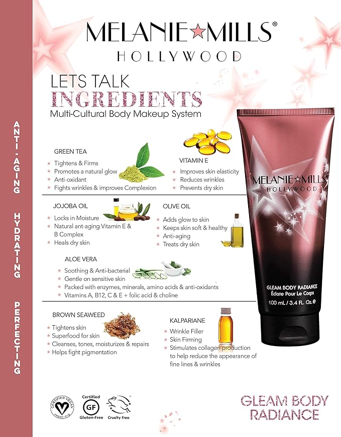 Melanie Mills Hollywood Gleam Body Radiance All In One Makeup, Moisturizer & Glow For Face & Body - Opalescence, Mini 1 fl.oz.-VivaGrace Women