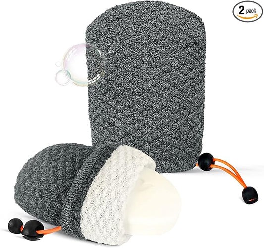 MIG4U Exfoliating Soap Bag for Shower 2 Pieces - Bar Soap Saver Pouch, Bamboo Body Scrubber Exfoliator Pocket in Travel Bathing, Grey, Double Layer