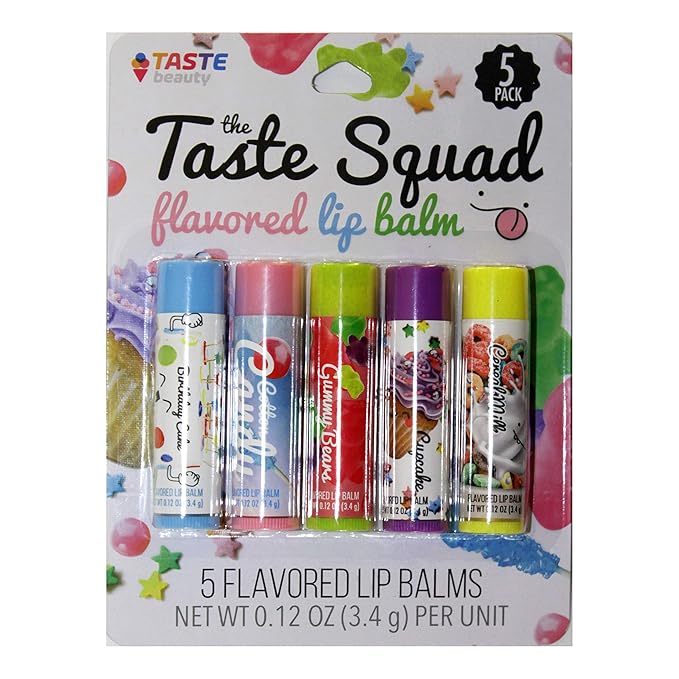 Taste Beauty (1) Pack The Taste Squad Flavored Lip Balm Set - 5 Flavored Lip Balm Tubes per Pack - Birthday Cake, Cotton Candy, Gummy Bears, Cupcake, Cereal Milk - 0.12 oz Each-VivaGrace Women