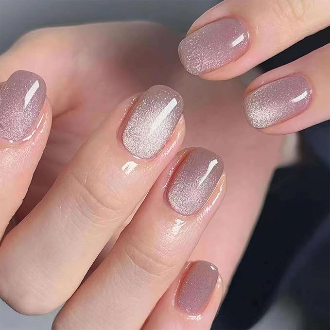 Press On Nails Squoval - Mauve Gray Velvet Fake Nails Short Full Cover Acrylic Glue on Nails in 12 Sizes - 24 Piece Nail Kit，Natural Fit for Women & Girls Daily Wear