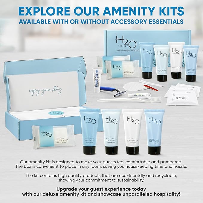 H2O Therapy Amenity & Accessory Kit | 0.85 oz Travel Size Shampoo, Conditioner, Lotion, Body Wash, Massage Bar, Cleansing Bar, Shave & Dental Sets, Make-Up Remover Wipes, & Vanity Kit | 15 sets/case-VivaGrace Women