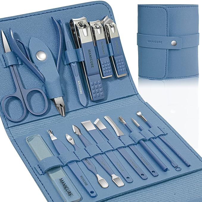 Manicure Set Professional Nail Clippers Pedicure Kit, 16 pcs Stainless Steel Nail Care Tools Grooming Kit with Luxurious Travel Leather Case for Thick Nails Men Women Gift (Blue)-VivaGrace Women