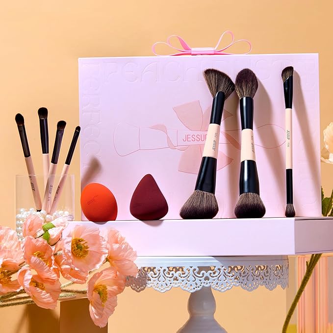 Jessup Makeup Brushes Set with Makeup Sponge, 7pcs Double Sided Makeup Brushes for Foundation Concealer Blush Eyeshadow Contour Bronzer Powder Blending Eyebrow Eyeliner with Gift Box, T506-VivaGrace Women