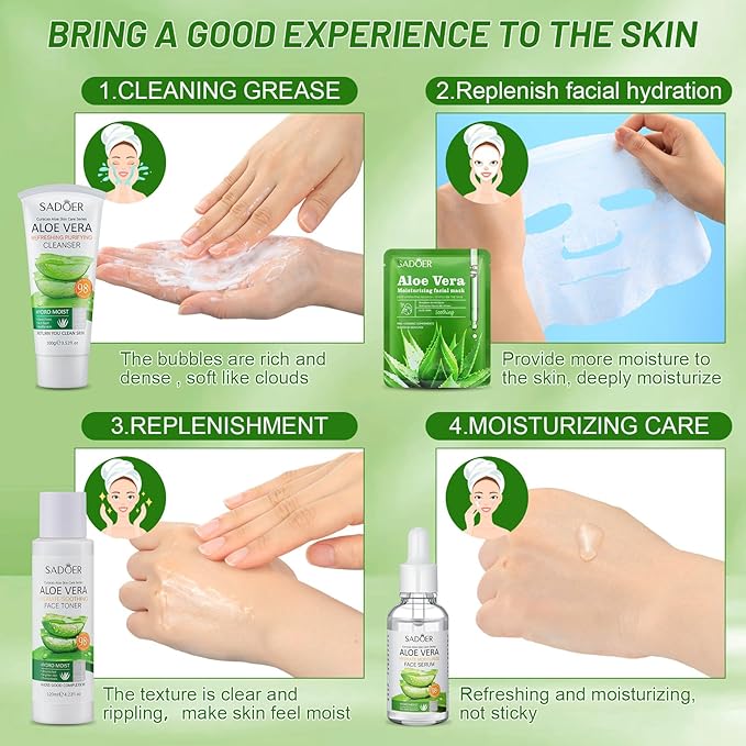 10 Pcs Skin Care Sets Face Care Set for Women Includes 1 Pcs Cleanser, Toner, Lotion, Eye Cream, Serum, Face Cream, Lip Balm and 3 Facial Masks Skincare Gift for Girls (Aloe Vera)-VivaGrace Women