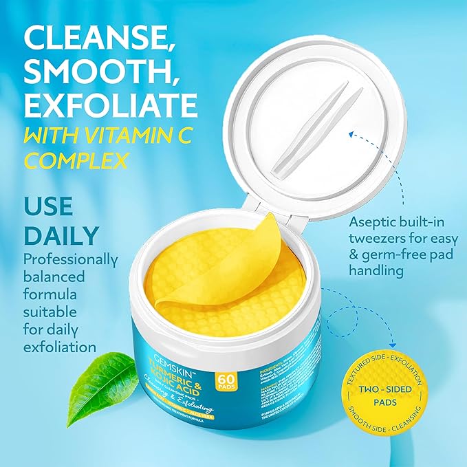Turmeric Kojic Acid Cleansing Pads - Brightening Dark Spot Remover, Deep Cleaning Pores & Exfoliating Vitamin C & Aloe Vera - Foaming Turmeric Face Scrub Pads For Skin Lightening - 60 Count