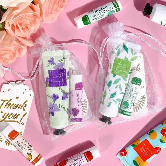 AZEN 100 Sets Hand Cream Bulk and Lip Balm Bulk Set, Bridal Shower Gifts for Guests with Organza Bag Thank You Card, Thank You Gifts for Coworkers Women Men, Bridal Wedding Favors for Guests-VivaGrace Women