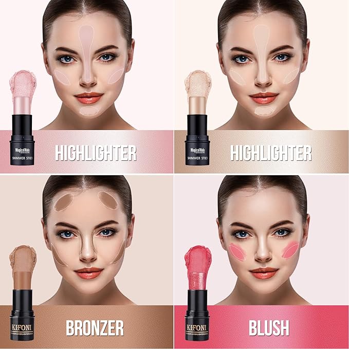 4PCS Contour Stick - Highlighter And Cream Blush Stick 4 Colors Kit - Moisturizer, Face Brightens & Shades Pencil, Facial Shaping Makeup Sticks for Older Women & Mature Skin-VivaGrace Women