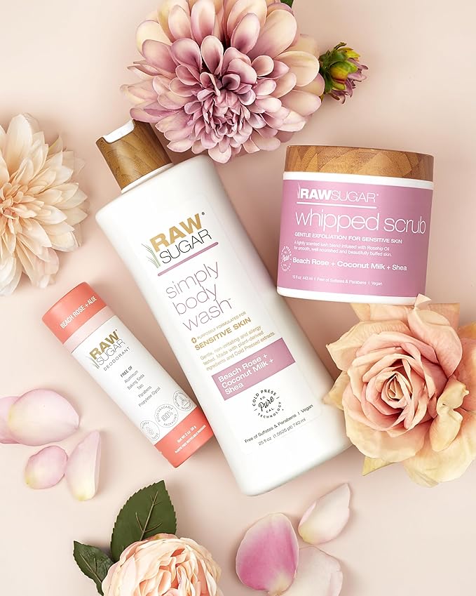 Raw Sugar Beach Rose + Coconut Milk + Shea Body Love Bundle - Sensitive Skin Body Wash, Body Scrub & Deodorant, Clean Ingredients, Formulated without Sulfates and Parabens-VivaGrace Women
