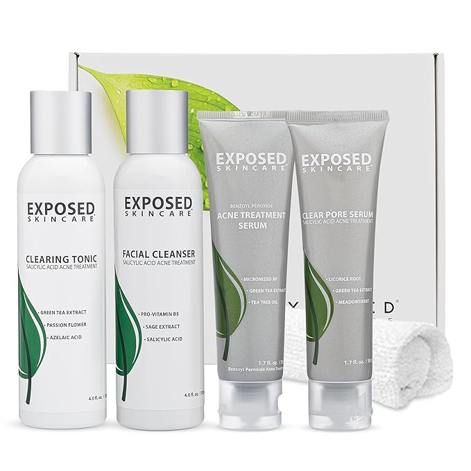 Exposed Skin Care Basic Acne Treatment Kit - Includes Salicylic Acid Face Wash, Clearing Tonic, Treatment Serum with Benzoyl Peroxide, Clear Pore Serum - Natural Acne Solution for All Skin Types-VivaGrace Women