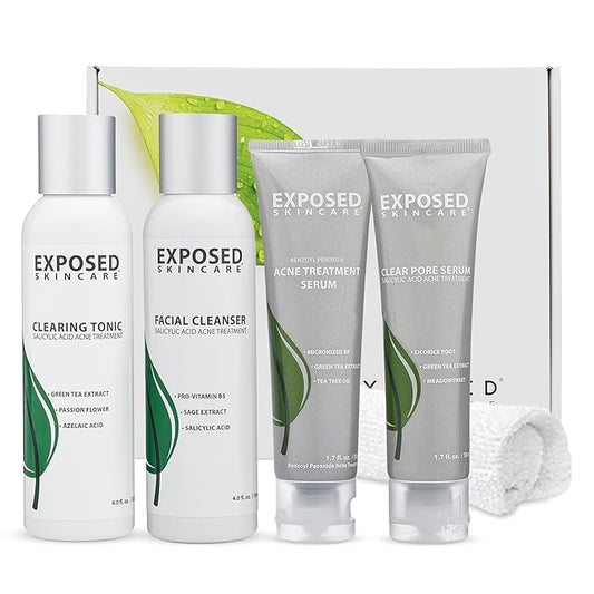 Exposed Skin Care Basic Acne Treatment Kit - Includes Salicylic Acid Face Wash, Clearing Tonic, Treatment Serum with Benzoyl Peroxide, Clear Pore Serum - Natural Acne Solution for All Skin Types-VivaGrace Women
