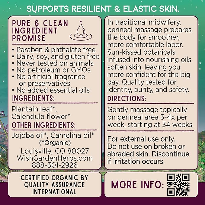 WishGarden Herbs Perineal Massage Oil - Certified Organic Herbal Oil Infusion with Plantain Leaf, Calendula & Jojoba Oil, Supports Skin Elasticity & Prevents Perineum Tearing During Childbirth, 2oz-VivaGrace Women