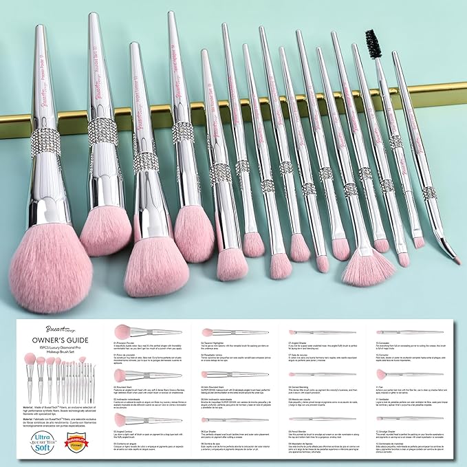 Bueart Design Elegant pink Ultra soft labeled Makeup Brushes Sets with Brush Holder makeup brush set with Foundation Powder blush blending contour Brush (15Pcs Silver Pink+Holder)-VivaGrace Women