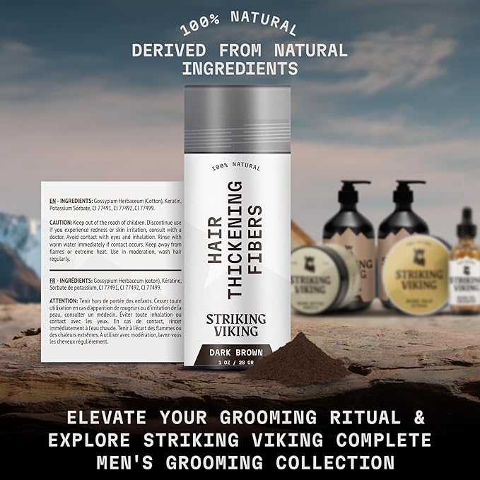 Striking Viking Hair Fibers for Thinning Hair, Dark Brown (28g) - Long Lasting, Undetectable Natural Building Powder for Thicker Looking Results, Men & Women-VivaGrace Women