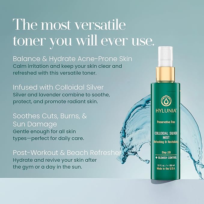 Hylunia Colloidal Silver Mist Toner 5.1 fl. oz. – Hydrating Versatile Toner for Acne-Prone Inflamed Skin | Infused with Colloidal Silver & Lavender for Glowing Skin Cuts & Burns, Body-Refresher-VivaGrace Women