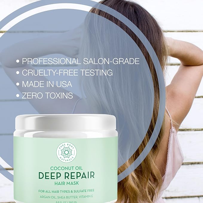 Pure Body Naturals Coconut Oil Hair Mask, Deep Conditioning Hair Treatment for Dry Damaged and Color Treated Hair, Sulfate Free Hair Conditioner, Moisturizes, Repairs, 8.8 Fl Oz-VivaGrace Women