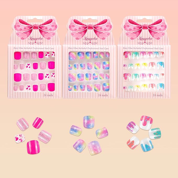 Kids Press on Nails Children Fake Nails 72PCS Artificial Nail Tips Adhesive Full Cover Short False Fingernails for Girls Kids Nail Decoration (Starry Heart Ice Cream)